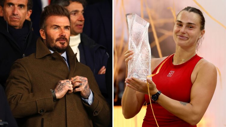 Split image of Aryna Sabalenka with the Miami Open trophy, and David Beckham.