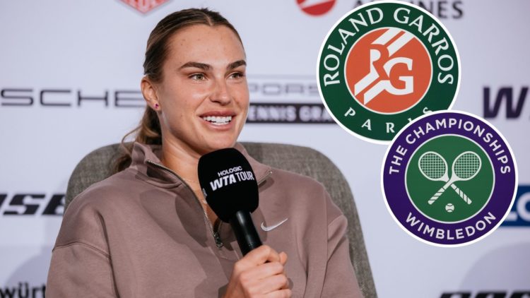 Aryna Sabalenka speaks during a press conference of the Porsche Tennis Grand Prix at Porsche Arena with insets of The AELTC logo on display during ...