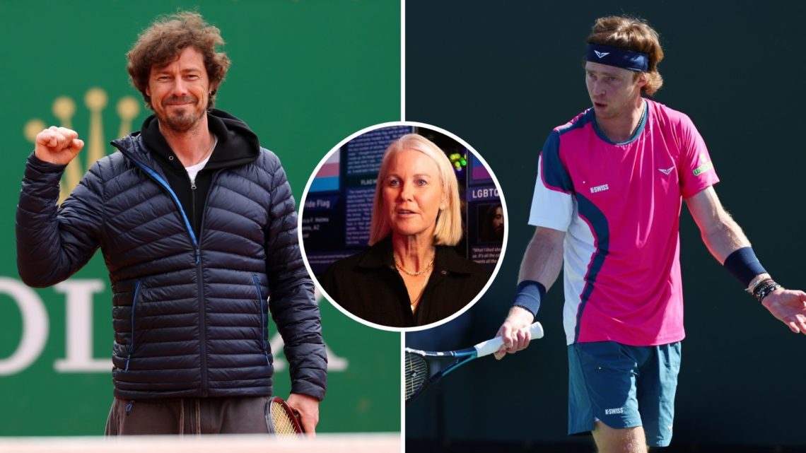 Split image of Marat Safin looks on during round one of the Rolex Monte-Carlo Masters and Andrey Rublev reacts against Matteo Arnaldi of Italy duri...