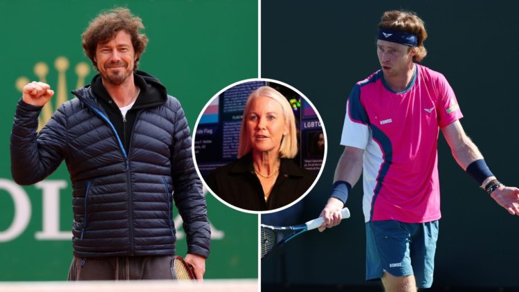 Split image of Marat Safin looks on during round one of the Rolex Monte-Carlo Masters and Andrey Rublev reacts against Matteo Arnaldi of Italy duri...