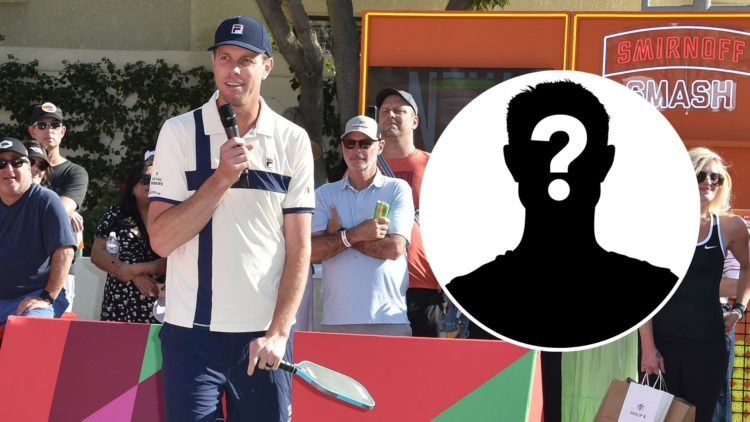 Image of Sam Querrey attending the Desert Smash Celebrity Pickleball Challenge with an inset of a mystery player