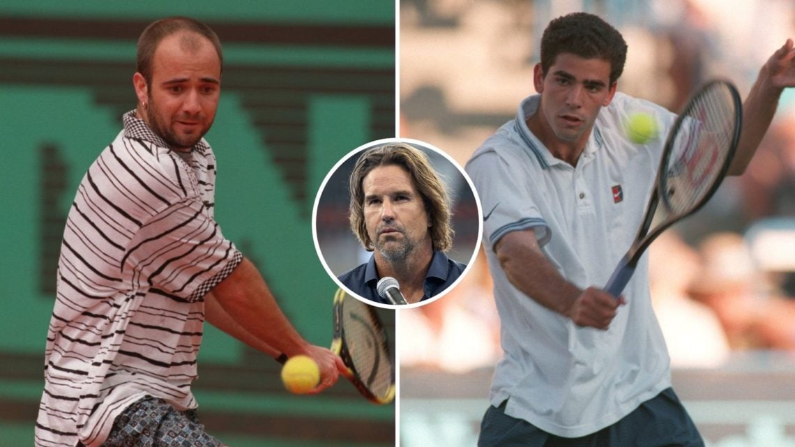 Split image of Pete Sampras and Andre Agassi (Both from late 1990s) with an inset of Pat Rafter.