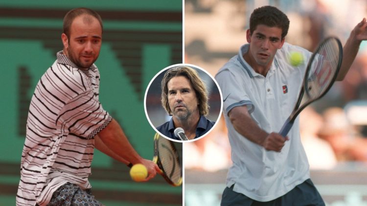 Split image of Pete Sampras and Andre Agassi (Both from late 1990s) with an inset of Pat Rafter.