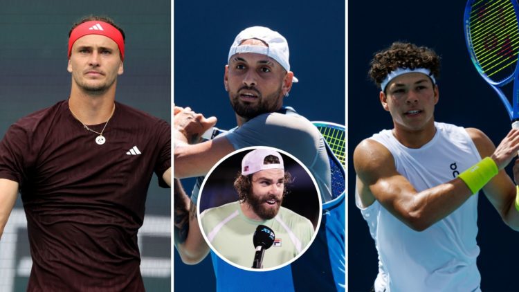 Three-way split image of Ben Shelton, Nick Kyrgios and Alexander Zverev, with an inset of Reilly Opelka