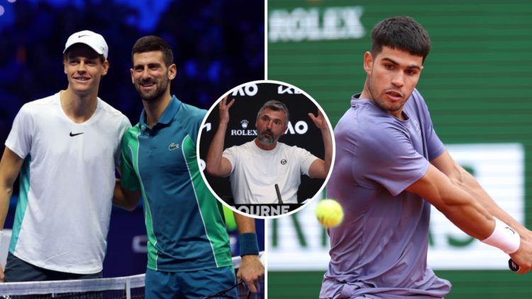 Split image of Jannik Sinner of Italy and Novak Djokovic of Serbia meet at the net prior to the Men's Singles Finals on day eight of the Nitto ATP ...