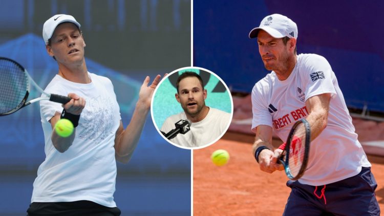 Split image of Jannik Sinner and Andy Murray in training. Inset, Andy Roddick.