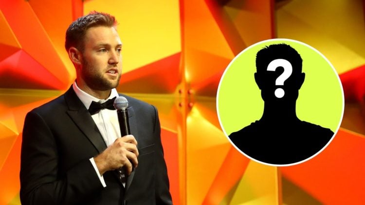 Alternate player Jack Sock of Team World speaks onstage during the Laver Cup Opening Night Gala. Inset, a mystery player.