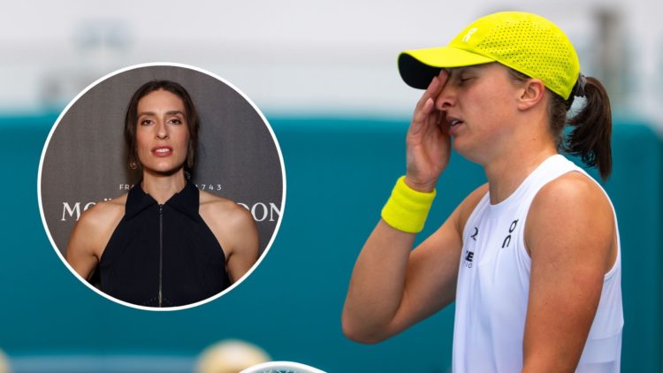 Iga Swiatek of Poland reacts while playing against Alexandra Eala of the Philippines in the quarter-final on Day 9 of the Miami Open. Inset, Andrea...
