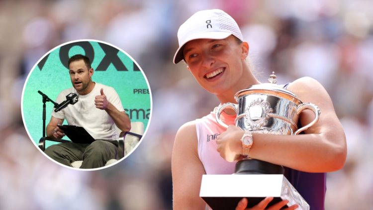 Image of Iga Swiatek with the 2024 French Open title and an inset of Andy Roddick