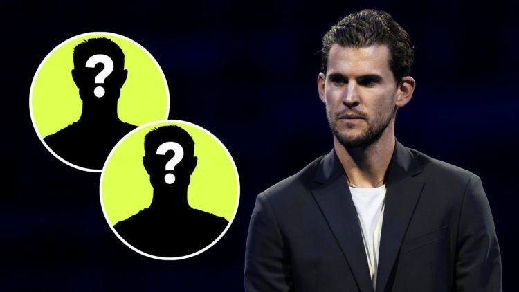 Dominic Thiem of Austria attends a retirement ceremony during day six of the Nitto ATP Finals. Inset, two mystery players.
