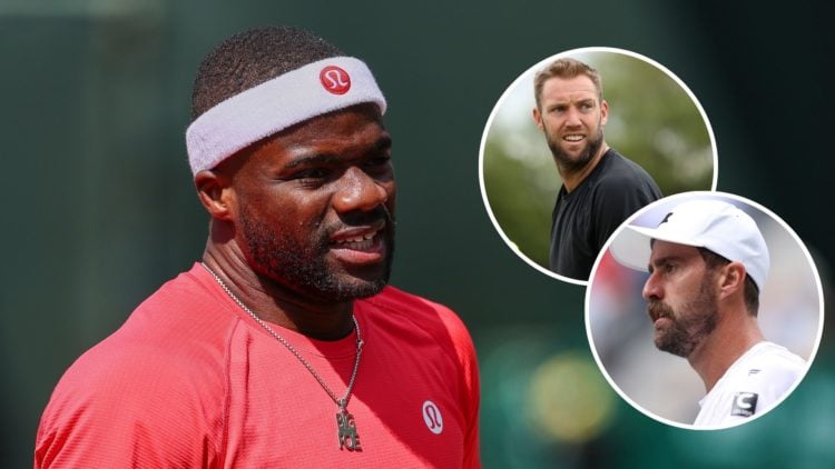 Frances Tiafoe of the United States reacts during the match against Jenson Brooksby of the United States on Day 7 of the Fayez Sarofim & Co. U.S. M...