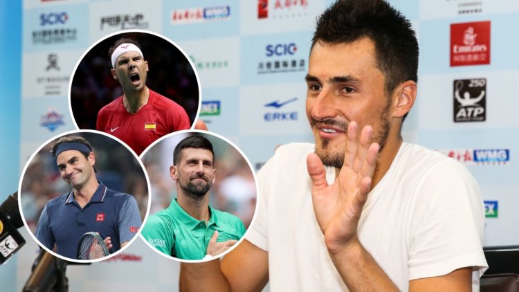 Image of Bernard Tomic at a press conference with three insets of Rafael Nadal, Novak Djokovic, and Roger Federer