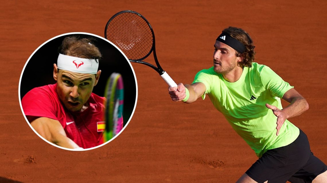 Stefanos Tsitsipas of Greece plays a forehand against Nuno Borges of Portugal in their third round match during day five. Inset, Rafael Nadal.