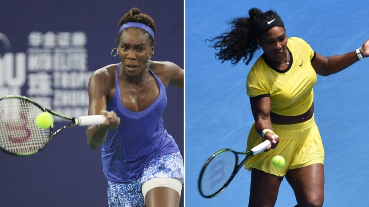 Split image of Venus Williams of USA returns a shot during the final match against Karolina Pliskova and Serena Williams of the US returns against ...
