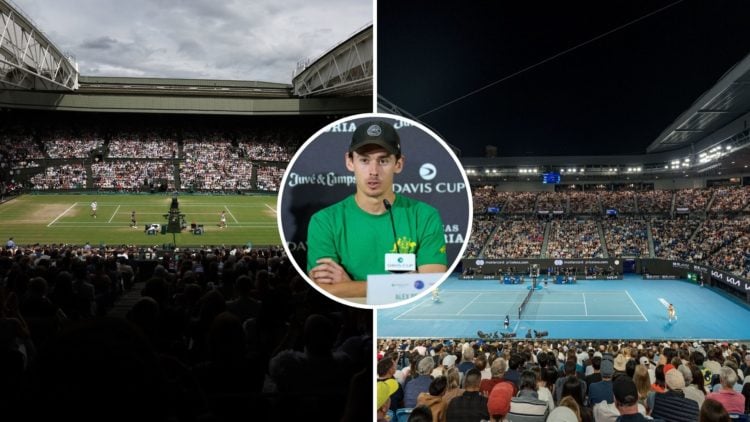 Split image of Wimbledon Centre Court and Rod Laver Arena with an inset of Alex de Minaur