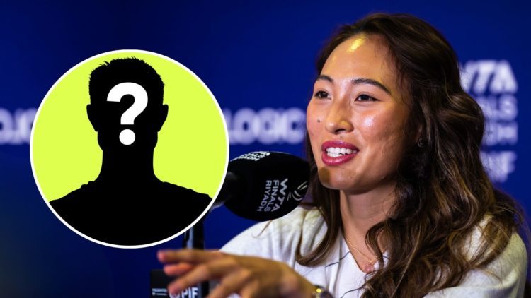 Qinwen Zheng of China talks to the press during Media Day of WTA Finals Riyadh as part of the Hologic WTA Tour. Inset, a mystery player.