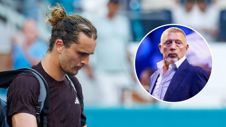 Alexander Zverev of Germany looks dejected as he leaves the court after his defeat by Arthur Fils. Inset, Boris Becker.