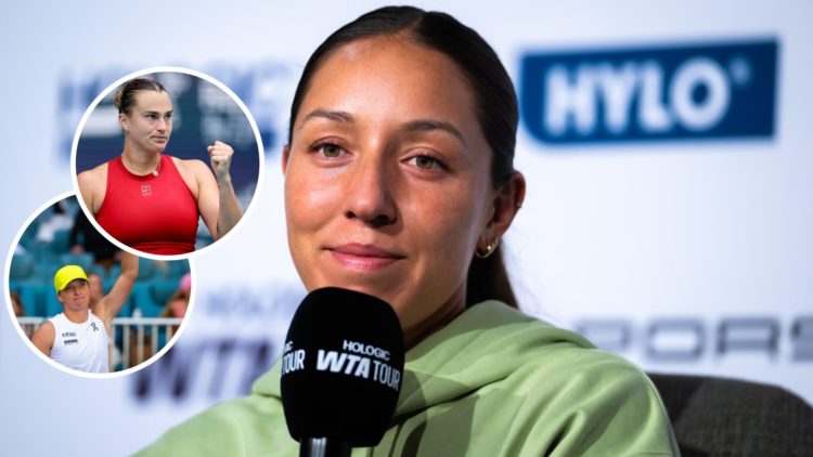 Image of Jessica Pegula in a Stuttgart Open press conference with insets of Aryna Sabalenka and Iga Swiatek