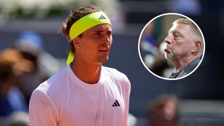 Image of Alexander Zverev in action against Roberto Bautista Agut in the second round of the 2025 Madrid Open, inset of Boris Becker watching on du...
