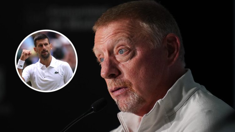 Image of Boris Becker speaking at a press conference prior to the 2024 Laureus World Sports Awards, inset of Novak Djokovic celebrating after winni...