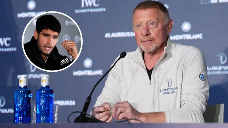 Image of Boris Becker speaking at a press conference prior to the Laureus Worlds Sports Awards in 2024, inset of Carlos Alcaraz attending a press c...