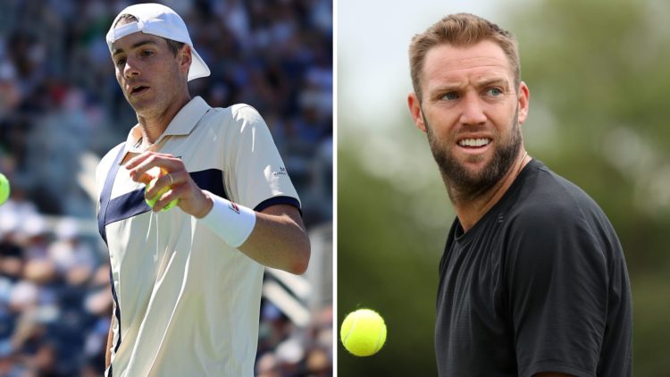 Left image: John Isner in action. Right image: Jack Sock reacts