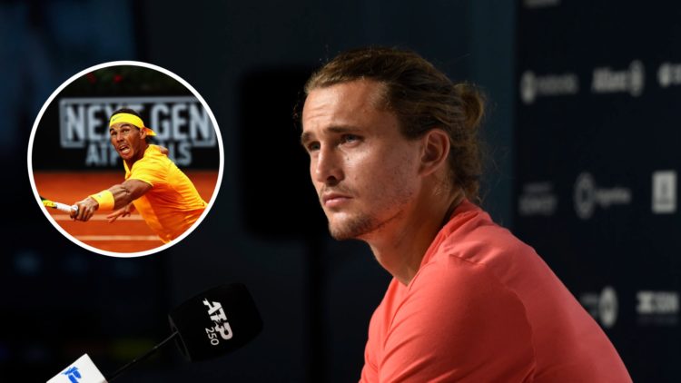 Image of Alexander Zverev holding a press conference at the start of the 2025 Argentina Open, inset of Rafael Nadal returning a backhand against Al...