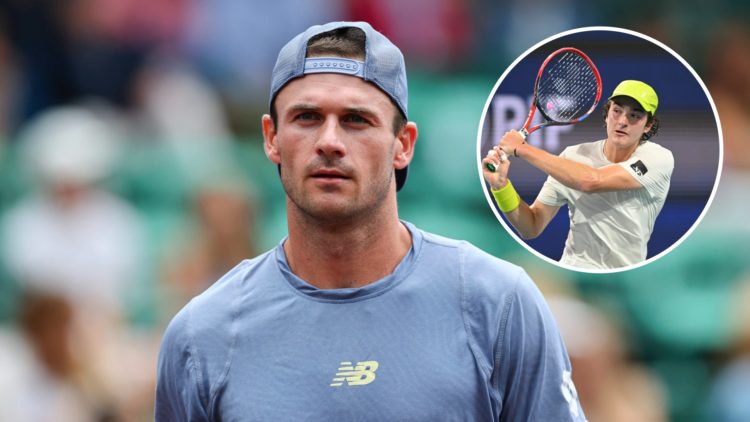 Tommy Paul reacts during the 2025 ATP Houston, inset Joao Fonseca plays at the 2025 Miami Open