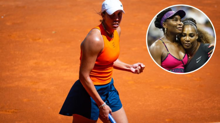 Madison Keys plays at the 2025 Madrid Open, inset Serena Williams and Venus Williams embrace at the 2018 US Open