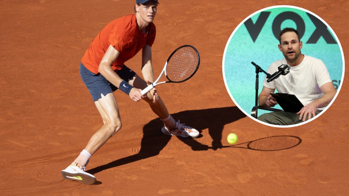 Jannik Sinner of Italy in action during his match against Carlos Alcaraz of Spain on Court Philippe-Chatrier during the Semi-Final at the 2024 Fren...