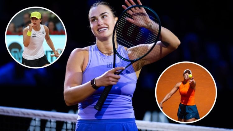 Aryna Sabalenka celebrates at the 2025 Porsche Tennis Grand Prix, insets Iga Swiatek celebrates at the 2025 Madrid Open and Madison Keys plays at t...