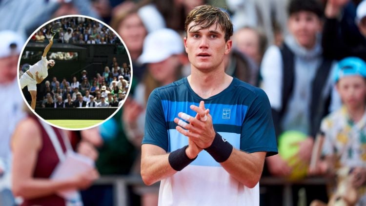 Jack Draper salutes the fans at the 2025 Monte Carlo Masters, inset Jacob Fearnley serves at Wimbledon in 2024
