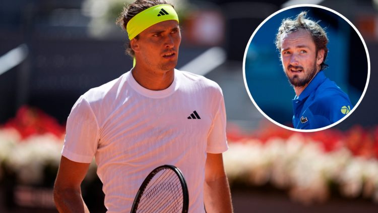 Alexander Zverev of Germany in action against Roberto Bautista Agut of Spain during the Mutua Madrid Open 2025, with an inset of Daniil Medvedev ce...