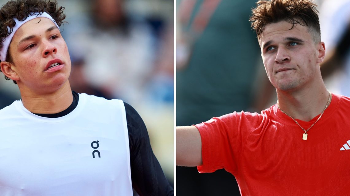 Split image of Ben Shelton (L) reacts during the 2025 Monte Carlo Masters, Jakub Mensik (R) reacts at the 2025 Miami Open
