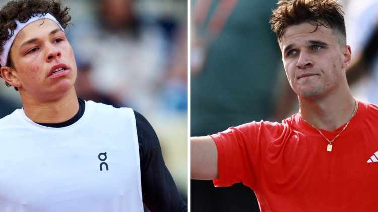 Split image of Ben Shelton (L) reacts during the 2025 Monte Carlo Masters, Jakub Mensik (R) reacts at the 2025 Miami Open