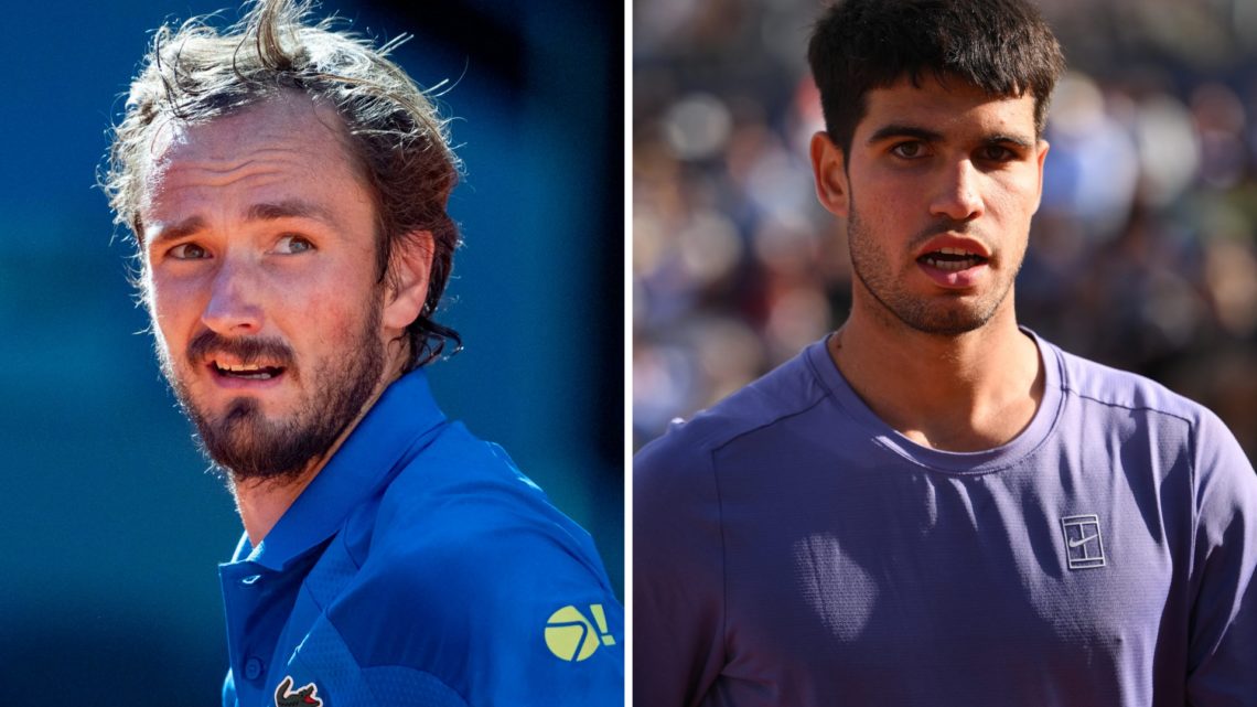 Split image of Daniil Medvedev (L) reacts after winning in the third round of the 2025 Madrid Open, Carlos Alcaraz (R) reacts during the 2025 Barce...
