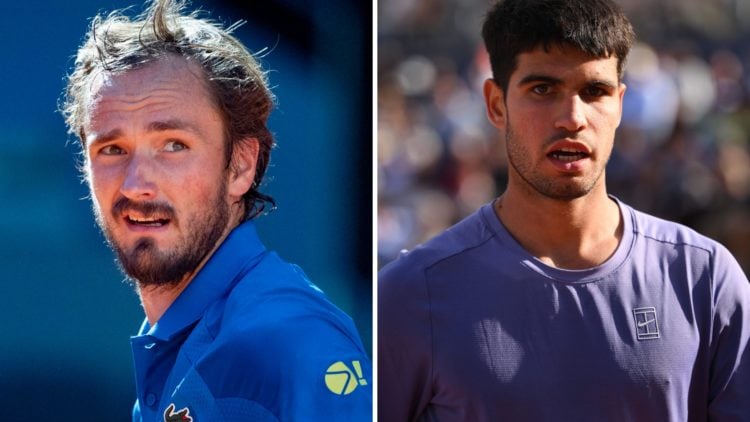 Split image of Daniil Medvedev (L) reacts after winning in the third round of the 2025 Madrid Open, Carlos Alcaraz (R) reacts during the 2025 Barce...