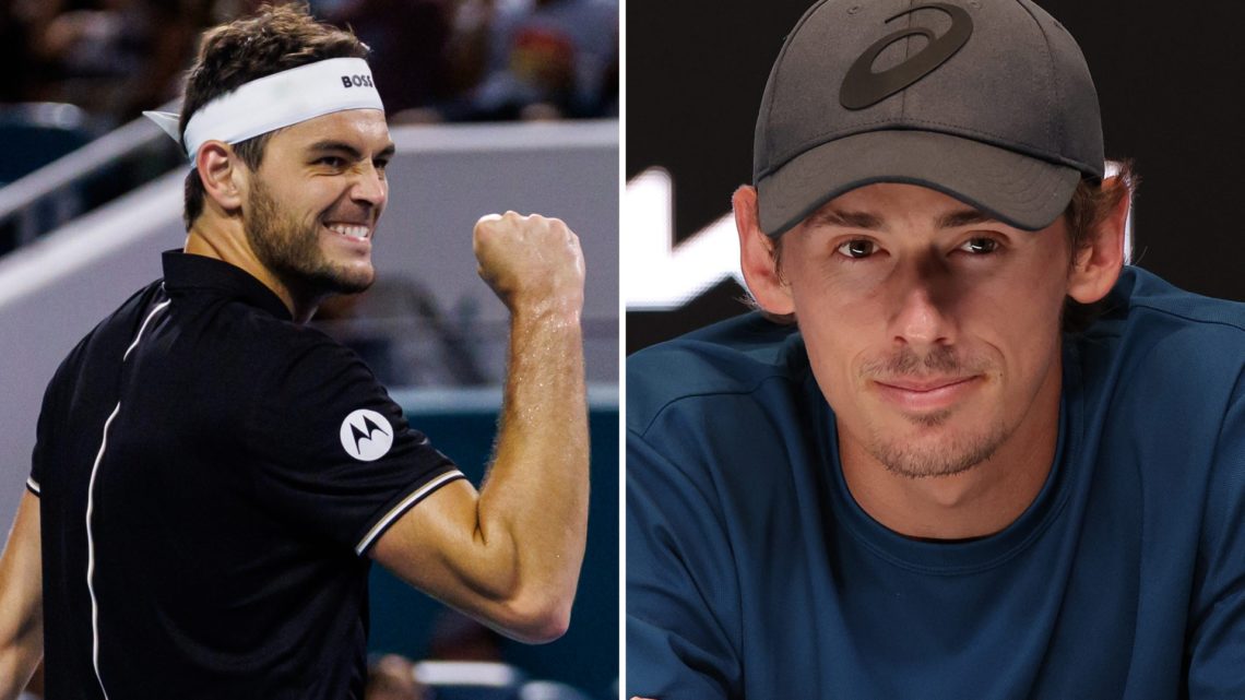 Split image of Taylor Fritz (L) celebrates at the 2025 Miami Open, Alex de Minaur (L) speaks to the press at the 2024 Australian Open