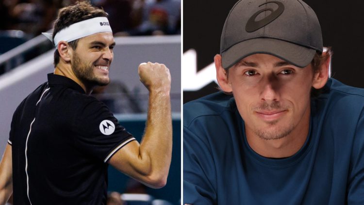 Split image of Taylor Fritz (L) celebrates at the 2025 Miami Open, Alex de Minaur (L) speaks to the press at the 2024 Australian Open