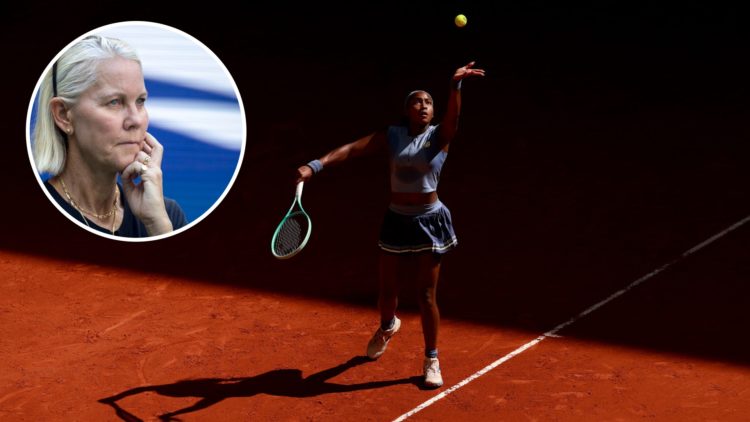 Coco Gauff serves at the 2025 Madrid Open, inset Rennae Stubbs looks on during the 2022 US Open