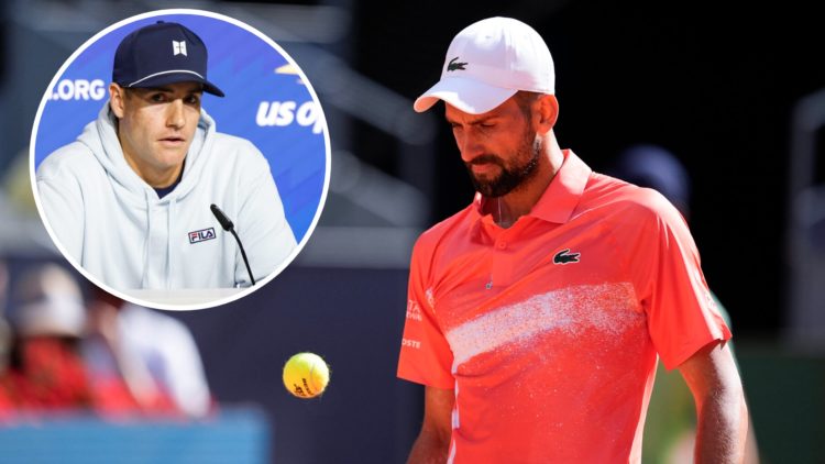 Novak Djokovic of Serbia in action against Matteo Arnaldi of Italy during the Mutua Madrid Open and John Isner attends a press conference at the US...