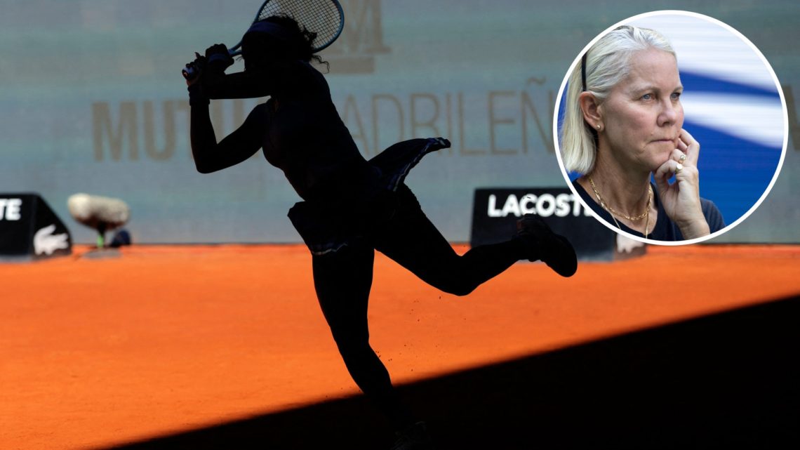 Coco Gauff plays at the 2025 Madrid Open, inset Rennae Stubbs looks on during the 2022 US Open