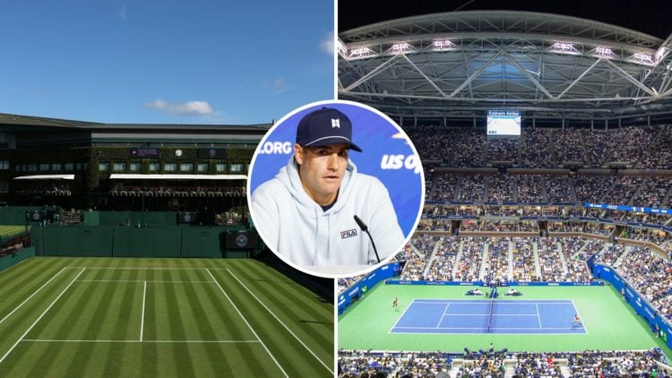 Split image of a general view of Wimbledon court ten (L) and Carlos Alcaraz playing Frances Tiafoe at Arthur Ashe Stadium (R), inset John Isner spe...