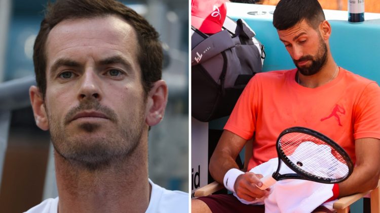 Split image of Andy Murray, Coach of Novak Djokovic of Serbia looks on against Sebastian Korda during their match on Day 10 of the Miami Open at Ha...