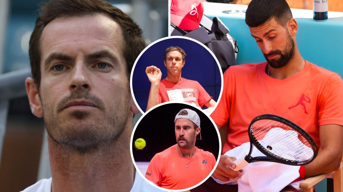 Split image of Andy Murray, Coach of Novak Djokovic of Serbia looks on against Sebastian Korda during their match on Day 10 of the Miami Open at Ha...