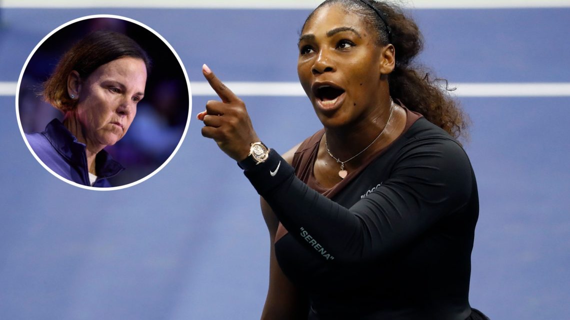 Image of Serena Williams arguing with umpire Carlos Ramos during her Women's Singles finals match against Naomi Osaka of Japan on Day Thirteen of t...