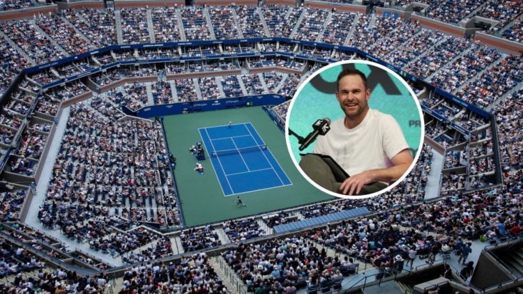 Image of Arthur Ashe Stadium from above during Jannik Sinner and Christopher O'Connell's match at the 2024 US Open, inset of Andy Roddick laughing ...