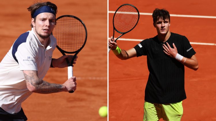 Split image of Alexander Bublik playing a forehand during his qualifying match against Diego Dedura-Palomero of Germany on day two of the 2025 Muni...