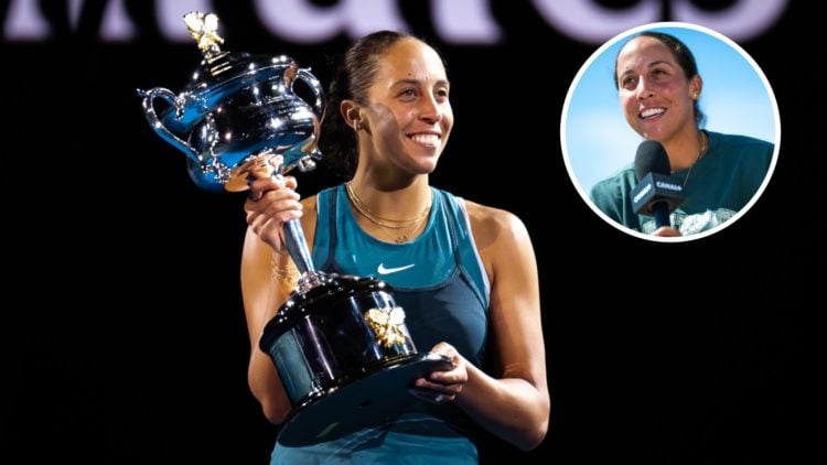 Image of Madison Keys celebrating with the trophy after winning the 2025 Australian Open, inset of Madison Keys speaking to the media ahead of the ...