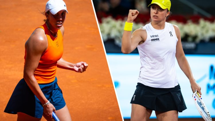 Split image of Madison Keys celebrating after winning a point against Anna Kalinskaya at the Madrid Open, image of Iga Swiatek celebrating with her...